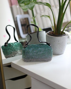 Kadın Silver Yeşil 2 Renkli Detaylı Deri Askılı Taşlı Abiye Omuz Çantası