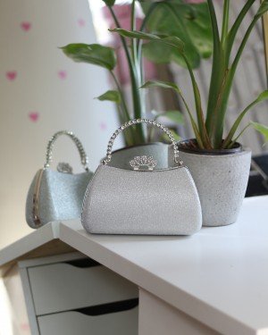 Kadın Silver Kristal Tutma Saplı Abiye El Çantası