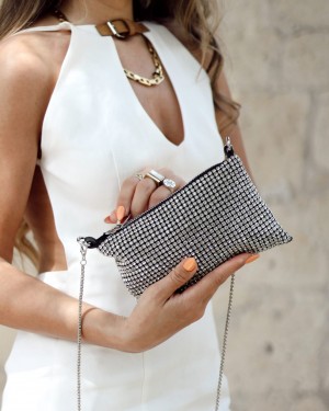 Kadın Silver Mini Dikdörtgen Form Taş İşleme Abiye Çanta