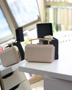 Kadın Rose Gold Metal Tutma Sap Detaylı Çizgi Doku Abiye Çanta