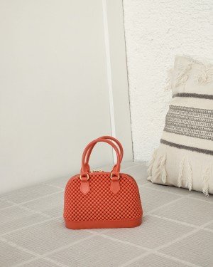 Kadın Turuncu Silikon Çift Kulp Zincir Detaylı El Omuz Çantası