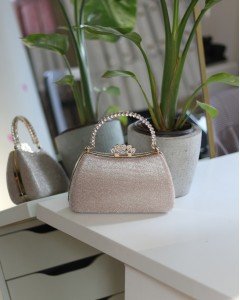 Kadın Rose Gold Kristal Tutma Saplı Abiye El Çantası