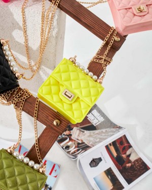 Pearl Sarı Silikon İncili Omuz Çantası