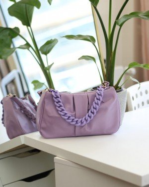 Kadın Lila Kemik Saplı Örgü Askılı Omuz Çantası