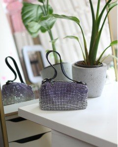 Kadın Silver Mor 2 Renkli Detaylı Deri Askılı Taşlı Abiye Omuz Çantası