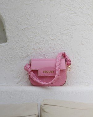 Kadın Rugan Pembe Örme Sap Detaylı Zincirli Omuz Çantası