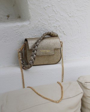 Kadın Gold Örme Sap Detaylı Zincirli Omuz Çantası