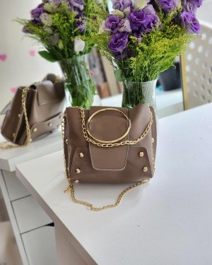 Kadın Koyu Bej Zımbalı Halka Detaylı Omuz Çantası