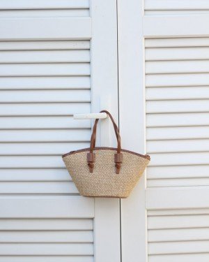 Kadın Camel Hasır Doku Çift Kulp Minimal Omuz Çantası